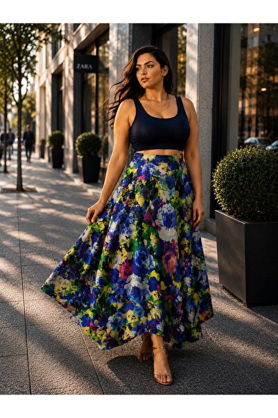 CALERA Plus Size Patterned Non-Exposing Long Skirt, Sizes 46-60, Elastic Wais...