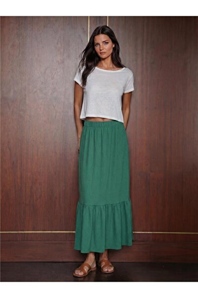 WeShaya Emerald Green Knitted Elastic Textured Rubber Waist Straight Cut Long...