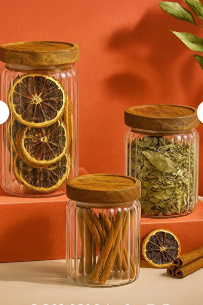 MİEN 3'lü Akasya Kapaklı Cam Kavanoz 500ml - 700ml - 1000ml Set