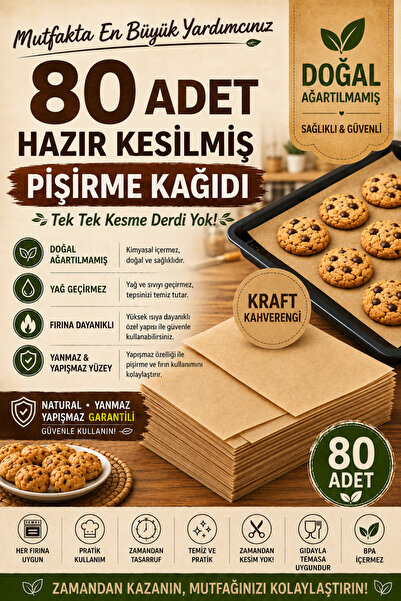OPTİMEX 80 Adet Doğal Ağartılmamış Kesilmiş Pişirme Kağıdı Kraft Kahverengi Y...