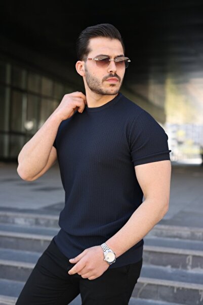 Generic Brand Tricou pentru bărbați, cu gât crew, textură tip fagure, cu mâne...