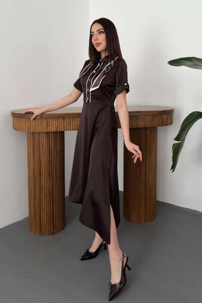 Caddebostan Moda Scarf Detailed Shirt Collar Satin Midi Dress