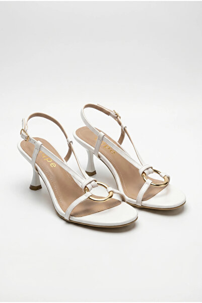 uqpe Selly Gold Ring Detailed Thin Strap Goblet Women's Heeled Sandals - White