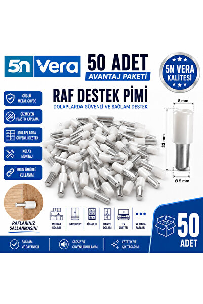 5NVERA 50 Adet Raf Pimi Seti | Metal Gövdeli Beyaz Plastik Kaplamalı Dolap Ra...