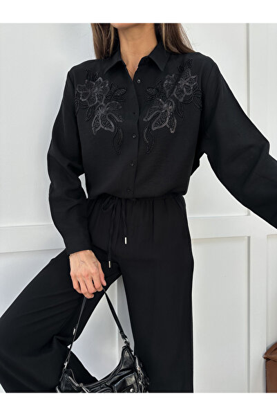 MİA NOURA Women's Shirt with Beaded Embroidery on Front and Sleeves, Oversize...