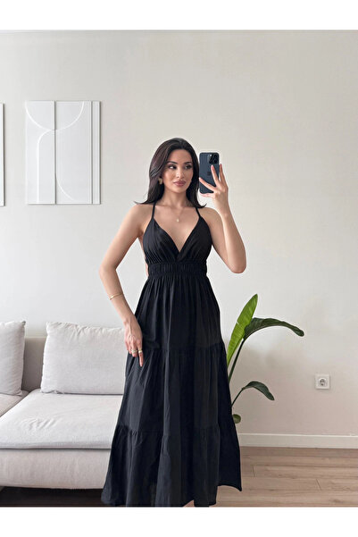 Zoom Butik Sırt Çapraz Askılı Elbise - SİYAH