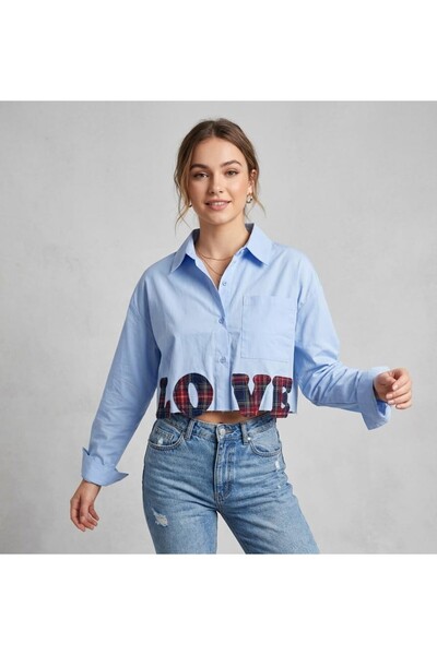 EsSo butik Women's Love Embroidered Plaid Detailed Poplin Crop Shirt