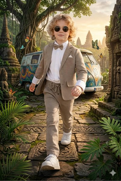 baby kids colors Flared Linen Casual Jacket Suit/Shirt Pants Jacket Bow Tie (Ay Grubu Zibinli)