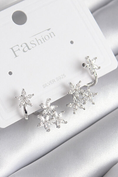 ETC Brass Silver Color Zircon Stone Flower Design Women's Earrings 5886 - Miy...