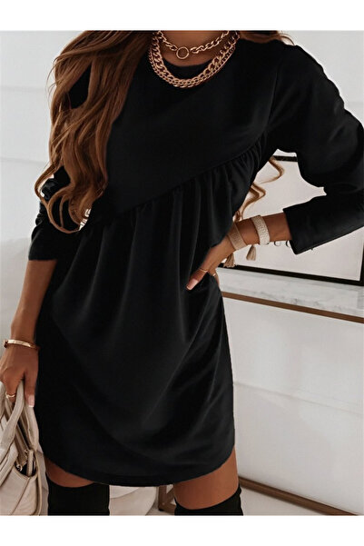 Efnaz style Women's Long Sleeve Crew Neck Cross Gather Detail Two Thread Mini...