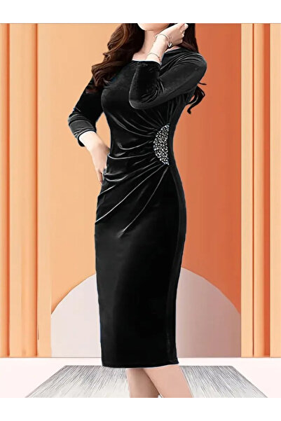 Generic Brand Women's Long Sleeve Boot Neck Side Stone Detailed Midi Velvet D...