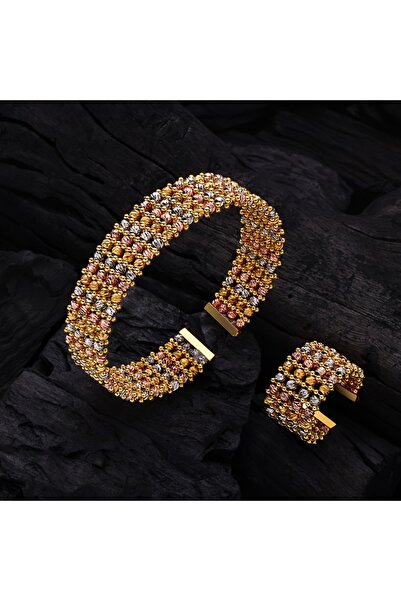 jewerlystore طقم إسوارة وخاتم فاخر مطلي بالذهب عيار 24 قيراط مع خرز شبكي، مثا...