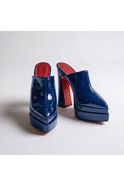 Tarz Topuklar Sortil Navy Blue Patent Leather Double Platform Design Closed T...