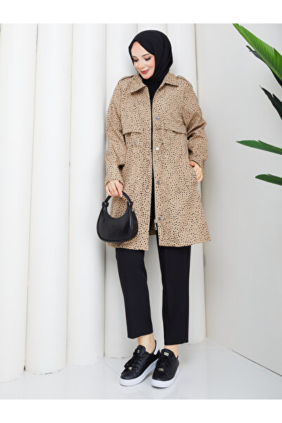RACE FASHİON Polka Dot Waist Gathered Hijab Trench Coat Rc3134