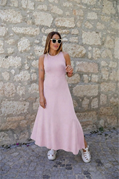Generic Brand Woman's back cross detail round neck maxi viscose dress