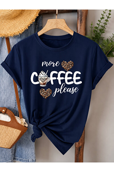 Trend Sizde Унисекс тъмносиня тениска с кръгло деколте и щампа  "More Coffee "
