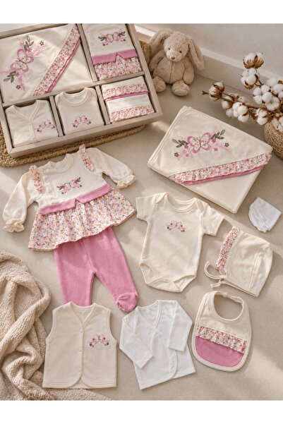 Pure Boutique Set bebe fetita 10 piese roz floral din bumbac cu paturica si body