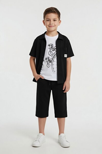 Cansın Mini Black Embroidered Short Sleeve Shirt and Shorts Boys' 3-Piece Top...