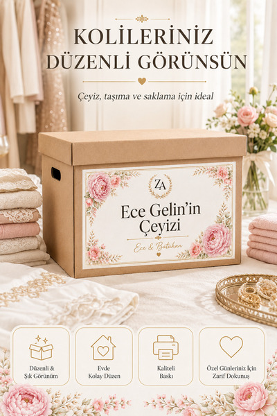 cabuk baskı İsme Özel Çeyiz Koli Etiketi 10 Adet A4 Pembe Çiçekli Gold Çerçev...