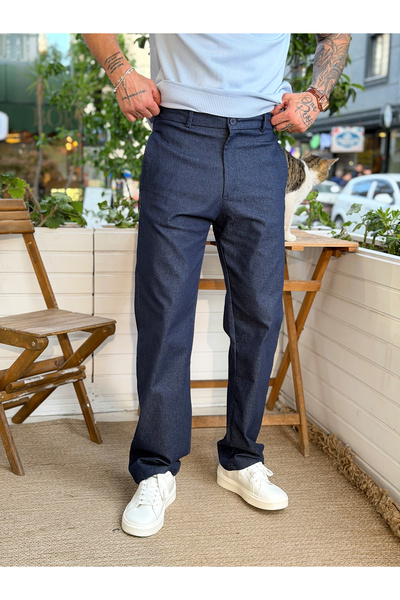 manch collection Denim Look Regular Fit Trousers Navy Blue