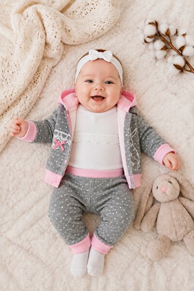 Pure Boutique Baby girl 3-piece outfit with pink gray sweatshirt and Cotton p...
