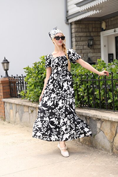Siyezen Balon Sleeve Gipeli Flared Black Color Dress