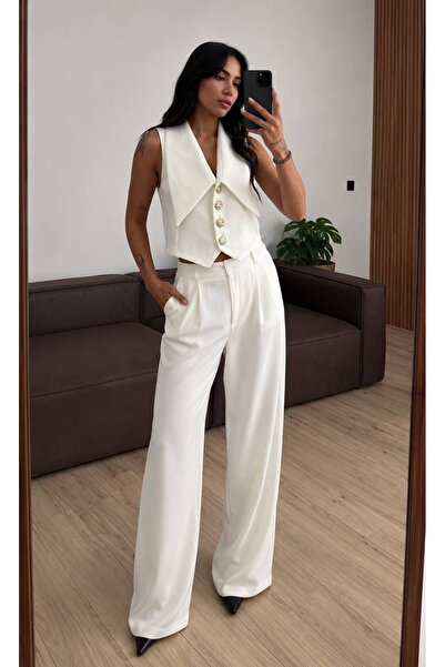BEYUSİRA Kadın Şık Yelek Pantolon İkili Takım * Gold Düğmeli Crop Yelek Palaz...