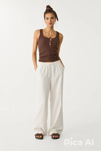 CloudyMood Women's Linen Blend Loose Fit Ecru Trousers
