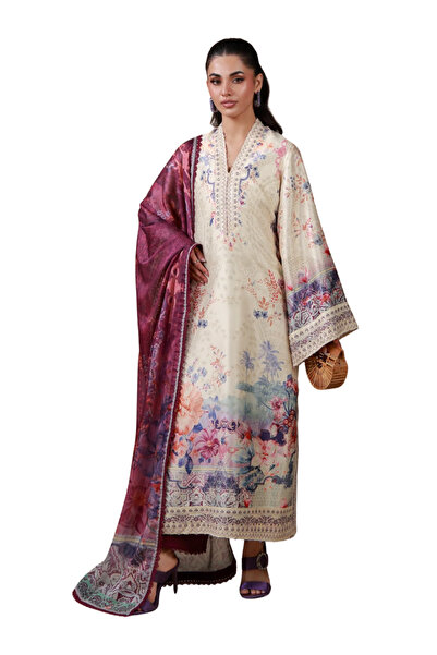 MYSMAR Beige Embroidered Charmeuse Silk 3-Piece Unstitched Suit - AFK2014 | B...