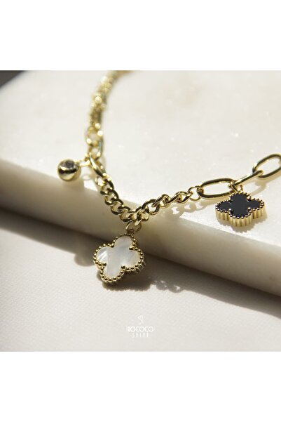 Rococo Shine Özel Seri Siyah Beyaz Sallantılı Yonca Bileklik