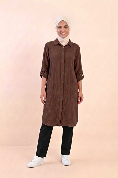 PORİENTO Dark Brown Women's 100% Cotton Muslin Fabric Long Sleeve Hijab Shirt...