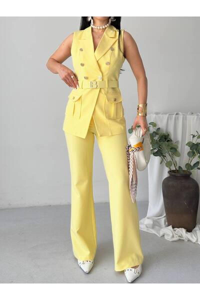 buqre's moda B Belt Detailed Gold Buttoned Vest Trousers Blazer Suit