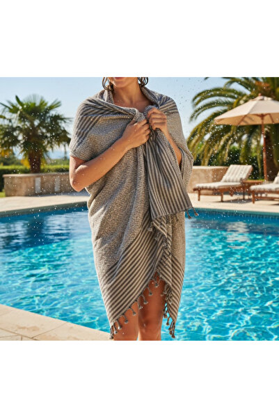 SyaMAG Beach towel, Cotton, gray pattern with Fringed, 180x100 cm
