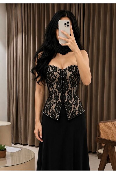 BROOKLYN STYLE Luxury Lace Corset Design Black Maxi Evening Dress with Rose C...