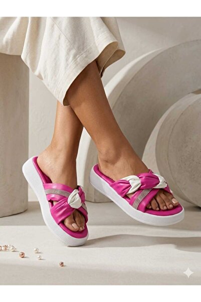 BİKAJOO Women's Fuchsia Double-Strapped Comfortable Summer Stone Slippers Bkj...