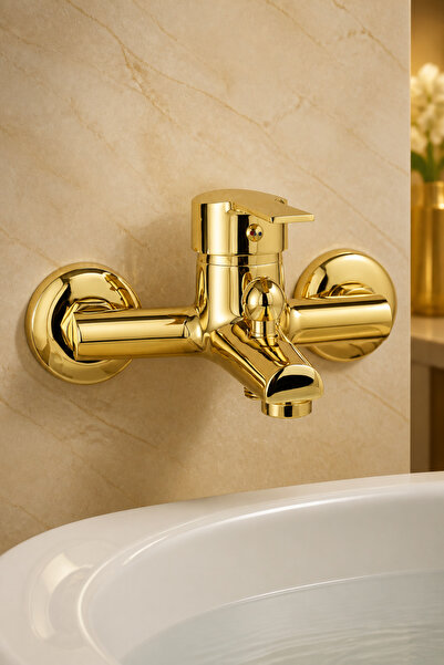 İSAOĞLU YAPI Shiny Gold Bathroom Faucet Brass Material Gold Golden Bathroom S...