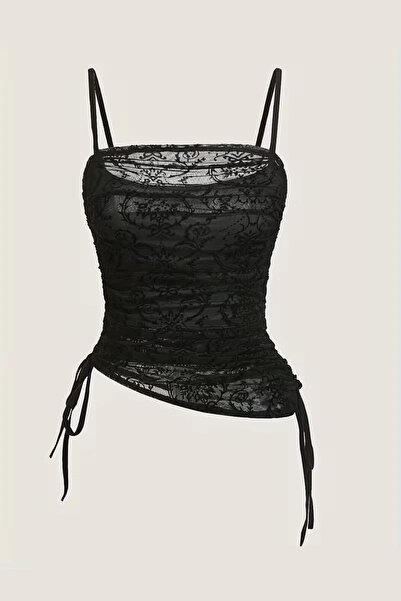 Karakedi Transparent Lace Detailed Y2K Strappy Black Bodysuit