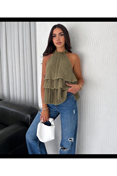 Budan Export Women's Halter Neck Layered Ruffle Backless Sleeveless Summer Bl...
