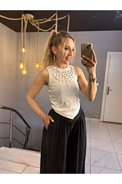 Gözde Tasarım Butik Women's White Color Halter Cutout Sleeveless Premium Ston...