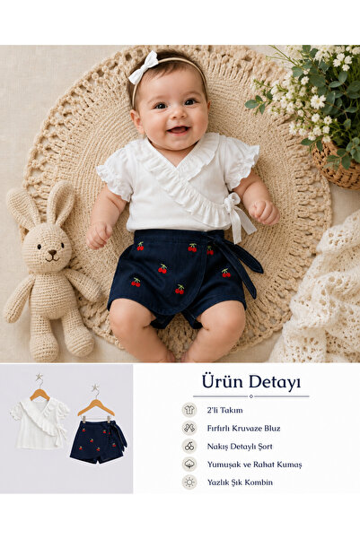 MYZİ STORE Cherry Embroidery Baby Girl 2-Piece Set Ruffle Double Breasted Blo...