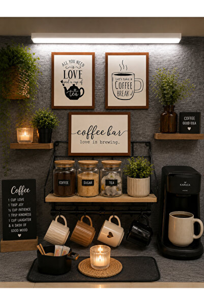 FTRMALZEMECİM ☕ 3’lü Kahve Temalı Tablo & Dekoratif Raf Seti ☕