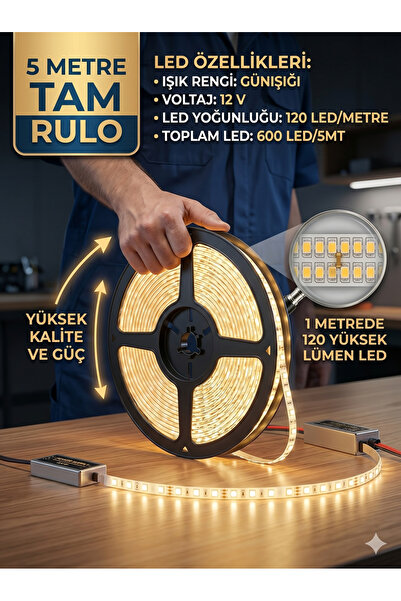 ECONA 5MT GÜNIŞIĞI 3000K , Şerit LED ,Mutfak Dolabı Tezgah Aydınlatması Led,1...