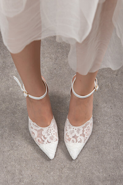 Entella Store Bloom White Lace Embroidery Detail Ankle Strap Thin Heeled Wedd...