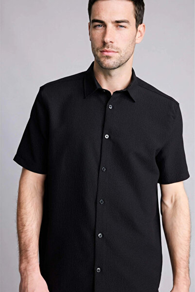 DeFacto E1223Axbk27 Black Regular Fit Polo Collar Crinkle Short Sleeve Shirt