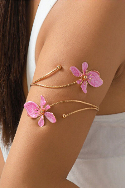 Parantez Aksesuar Mineli Çiçek Desenli Armcuff Gold Kadın Pazu Bileklik