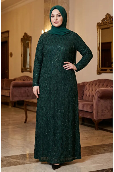sefamerve Plus Size Sequined Hijab Evening Dress 6262-06 Emerald Green