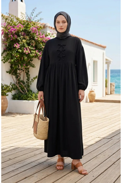 sefamerve Muslin Fabric Bow Detailed Hijab Dress 2272-02 Black