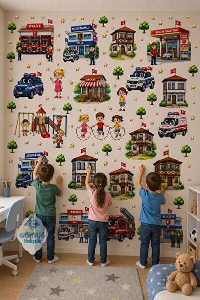 Children's Room Mansion Educational City Wall Sticker – Police, Fire Brigade, Ambulance Themed Wall Decoration Schools and Kindergartens