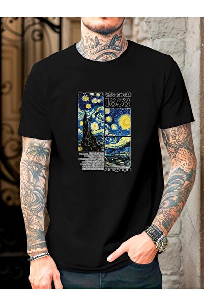 bolivia's Men's Van Gogh Starry Night T-Shirt - Black with Iconic Van Gogh Pa...