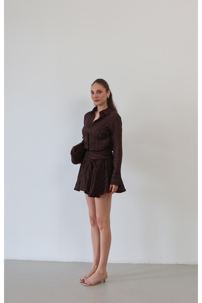 Myra Fashion Çizgili Tül Elbise Kruvaze Yaka Beli Büzgülü Mini Elbise